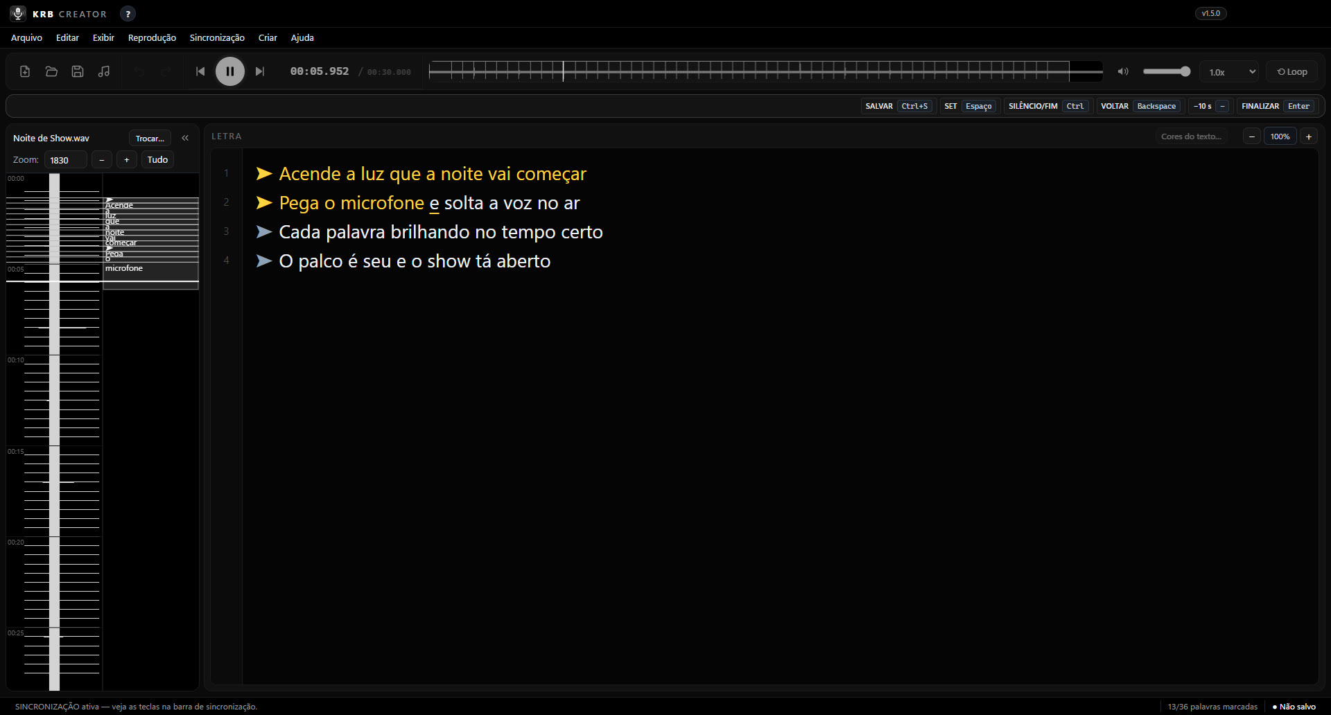 Tela do KRB CREATOR sincronizando a letra de uma música